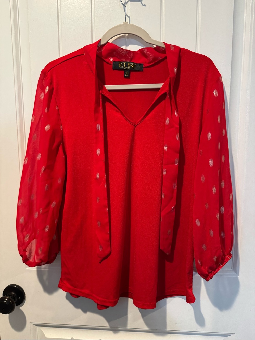 Louise Paris Red Tie-Neck Blouse with Sheer Polka Dot Sleeves Size Large
